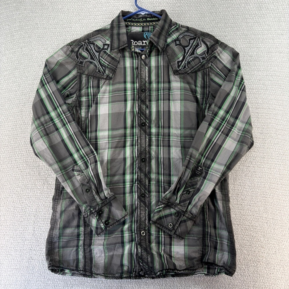 ROAR Signature Shirt Mens Large Plaid Button Up Embroidered Rockabilly Grunge